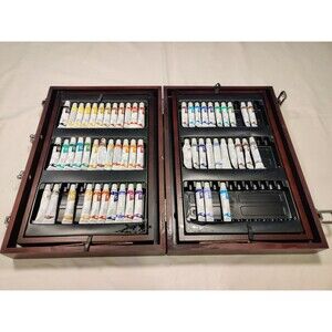Art Studio by Battat Lot with Oil Water Acrylic Paint Pencils Tiered Wooden Case
